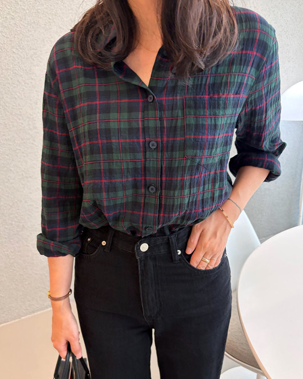Lightweight Crinkled Plaid Shirt