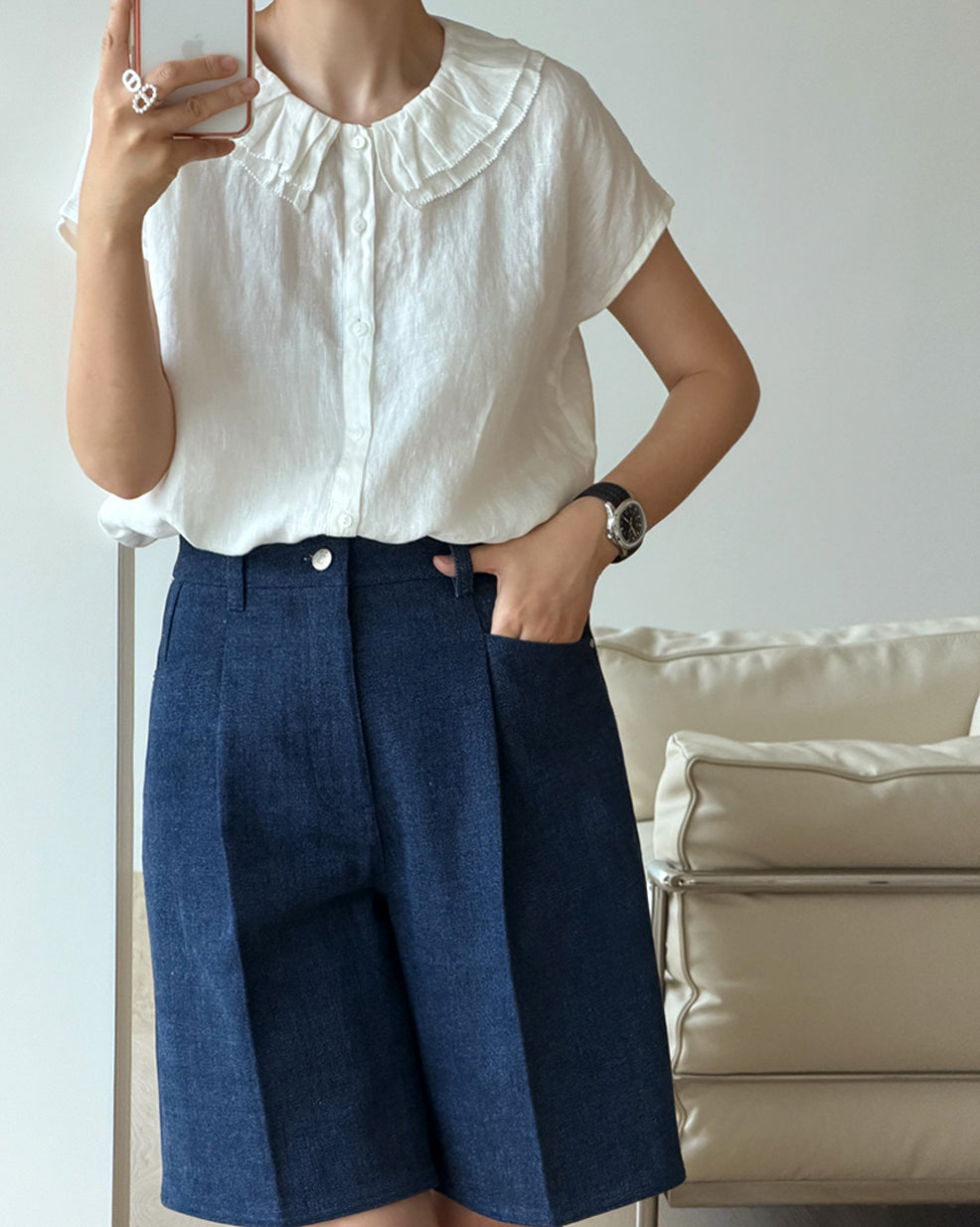 100% Pure Linen Ruffle Collar Blouse