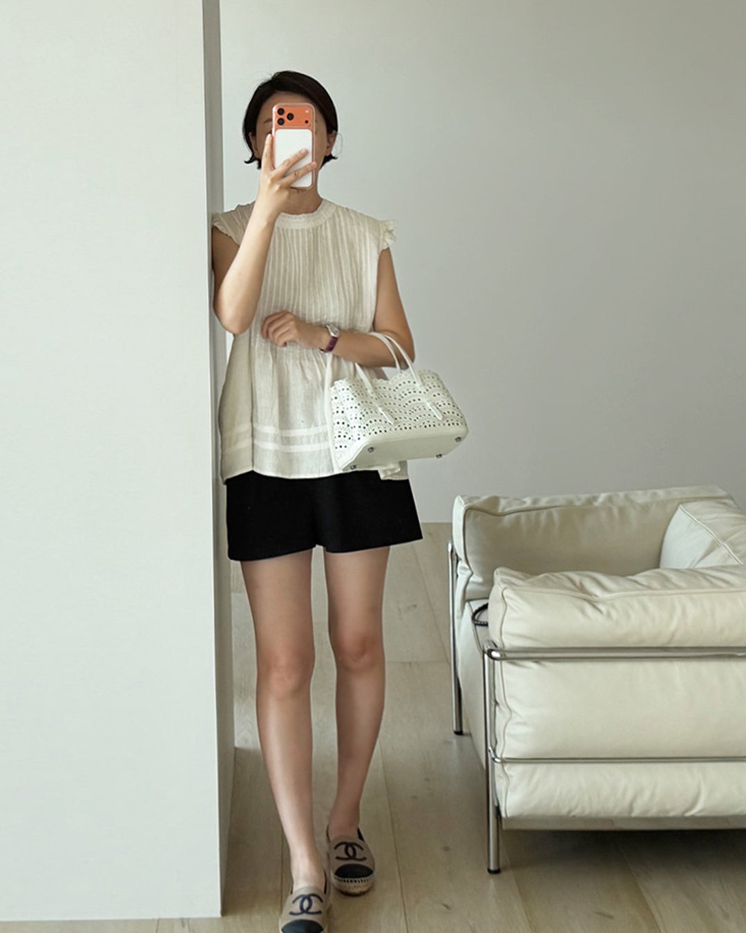 100% Linen Pintuck Ruffle Blouse