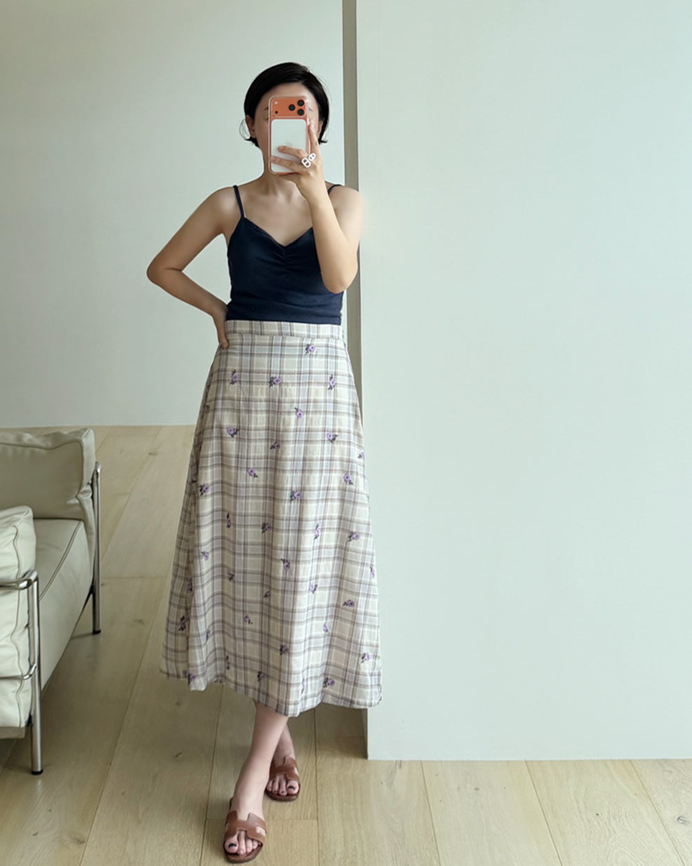Vintage Floral Embroidered Plaid A-Line Long Skirt