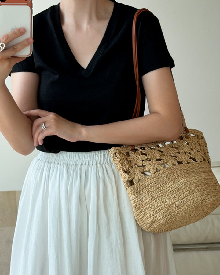 Raffia Crochet Leather Strap Tote