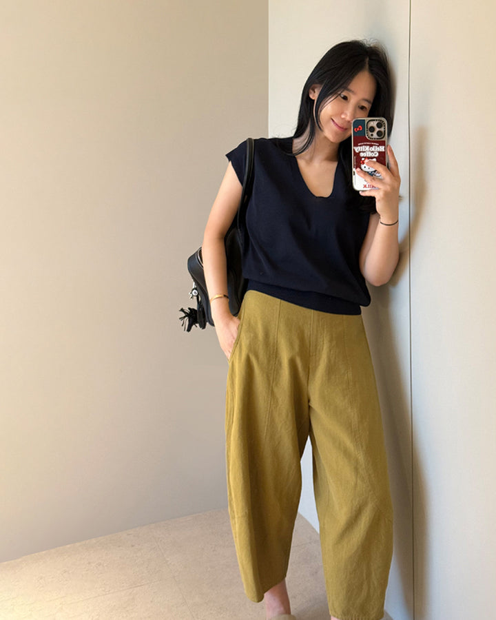 Linen Blend Wide Leg Barrel Pants