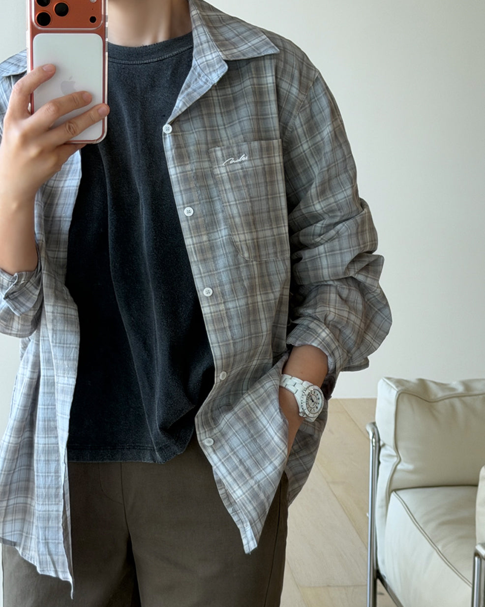 Embroidered Pocket Plaid Button-Down Shirt