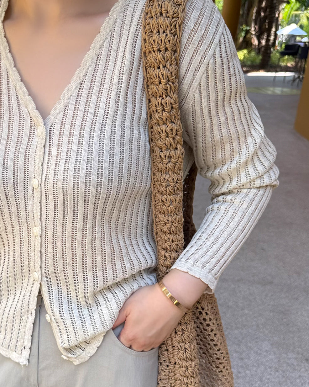 Linen Blend Sheer Ribbed Knit Cardigan