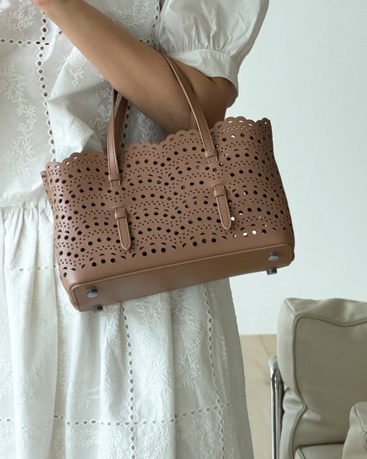 Lace-Cut Scallop Leather Tote Bag