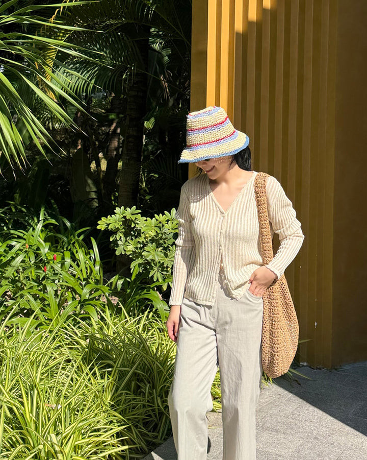 Handcrafted Striped Paper Straw Bucket Hat