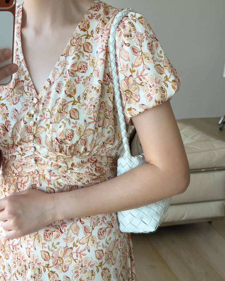 Silk Blend Floral V-Neck Maxi Dress