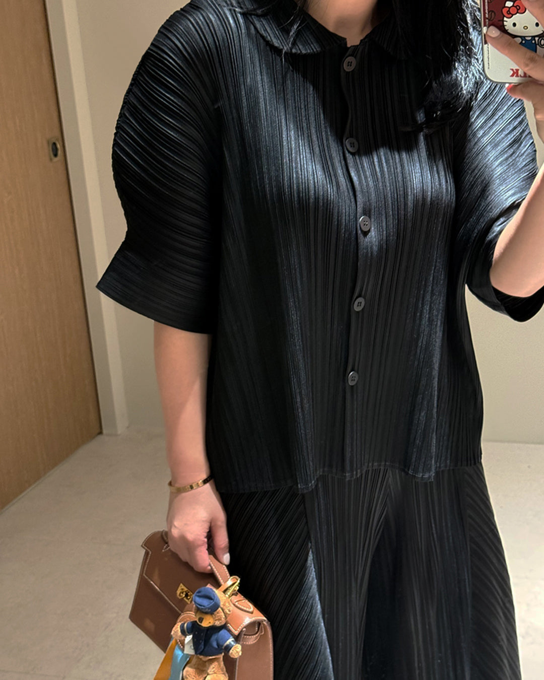 Textured Pleated Button-Down Blouse