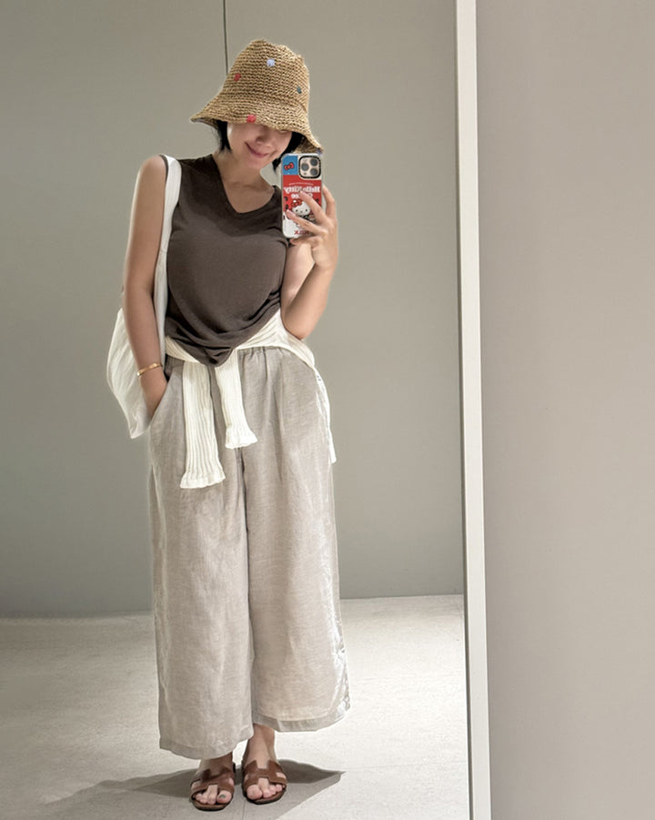 Linen Wide Leg Trousers with Drawstring