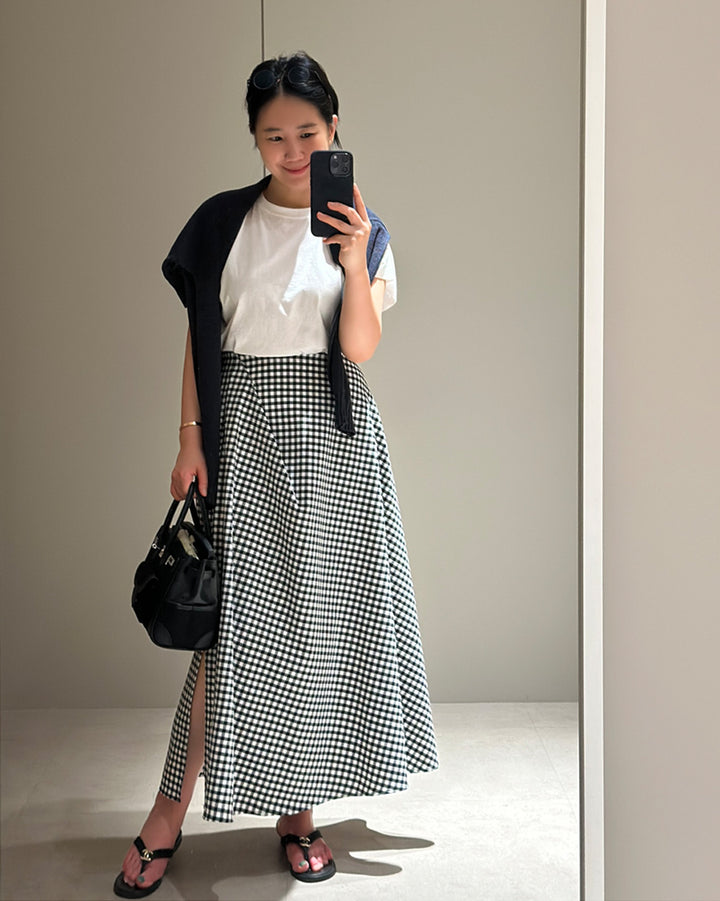 Gingham Check Side-Slit Maxi Skirt