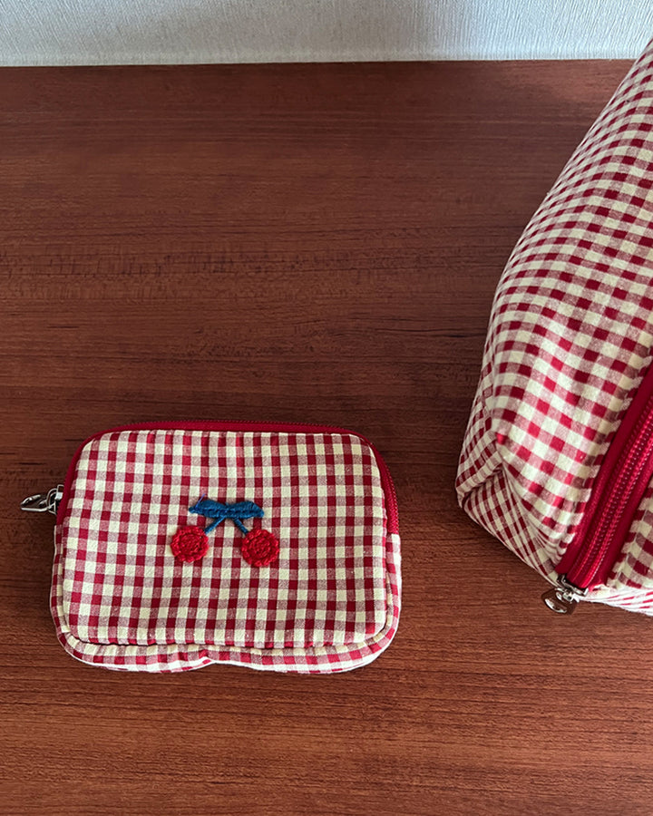 Cherry Embroidery Gingham Pouch