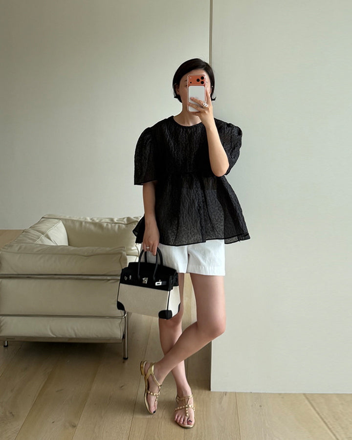 Textured Puff Sleeve Peplum Blouse