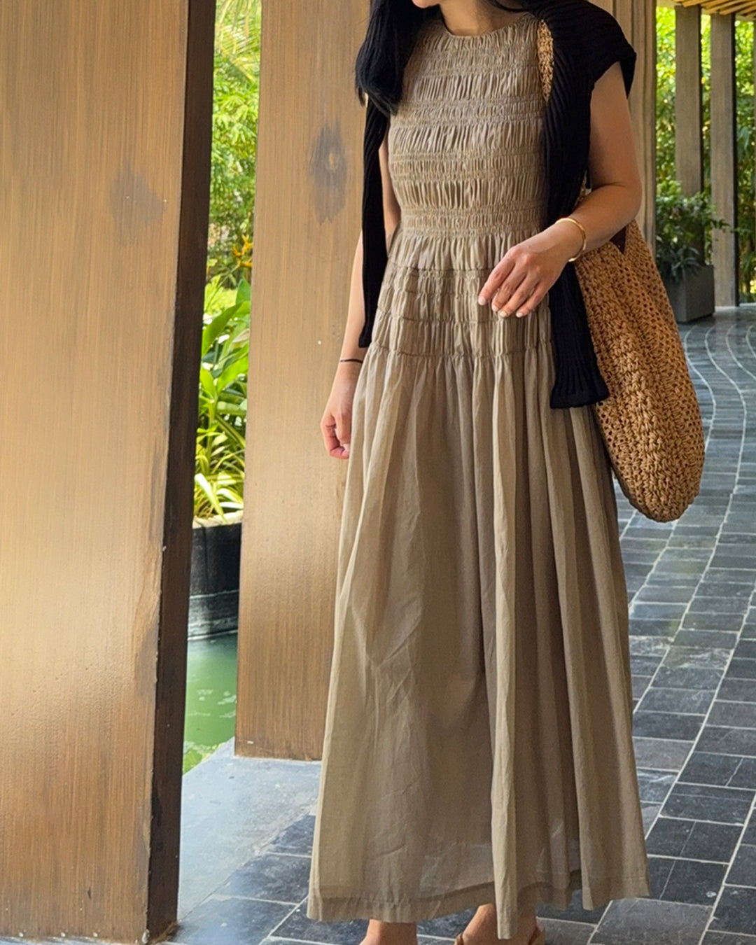 Smocked Cotton Sleeveless Maxi Dress