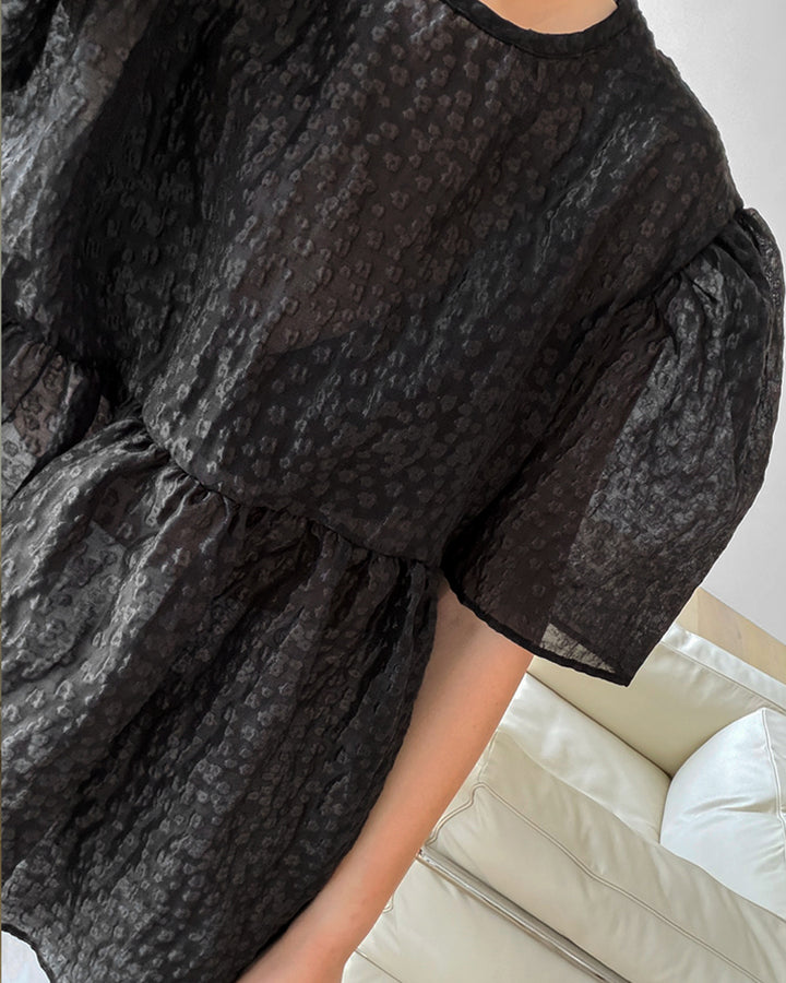 Textured Puff Sleeve Peplum Blouse