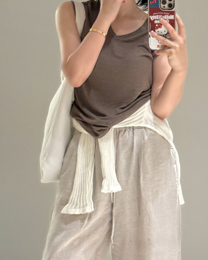 Linen Blend Sleeveless V-Neck Top
