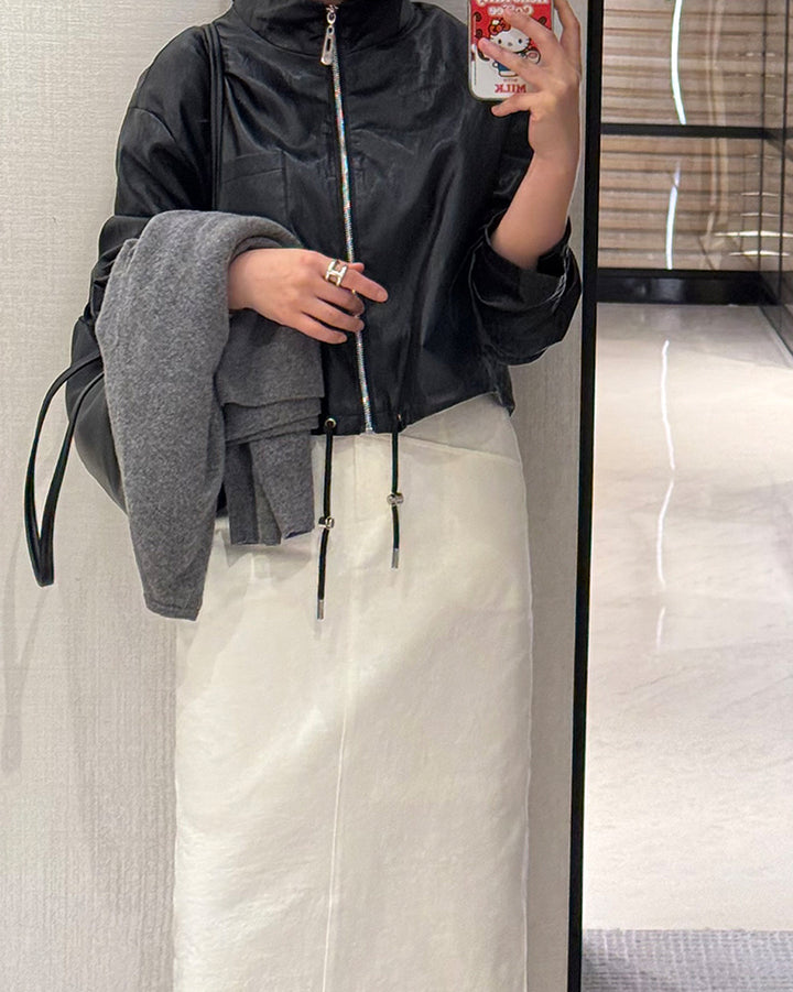 ドローストリング ショート フェイクレザー ジャケット