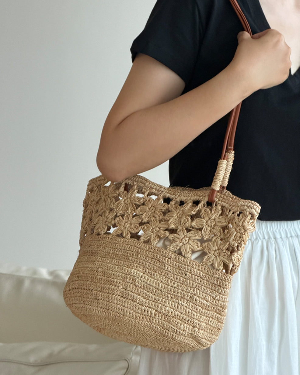Raffia Crochet Leather Strap Tote