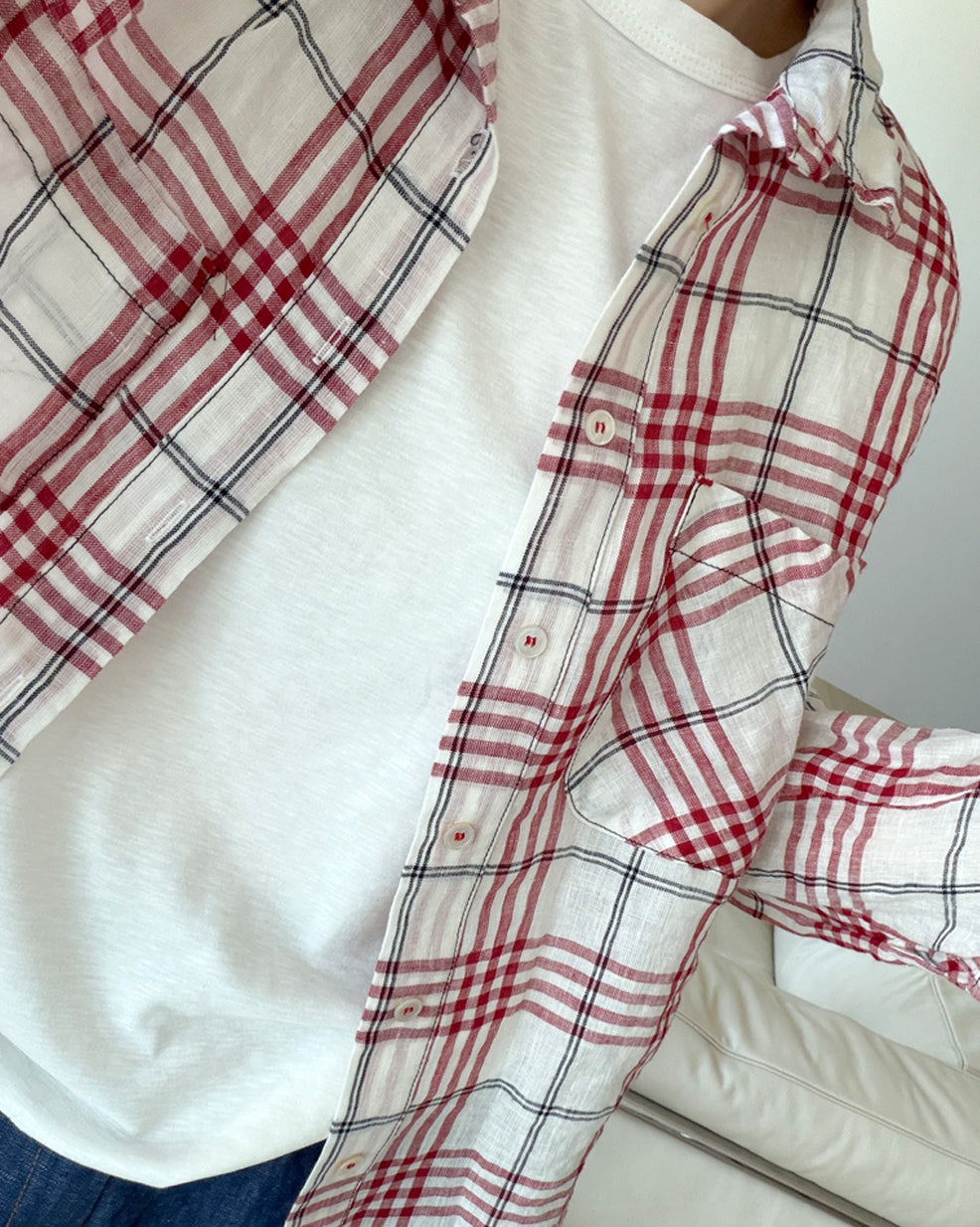 Storynine Airy Linen Plaid Shirt with Contrast Details