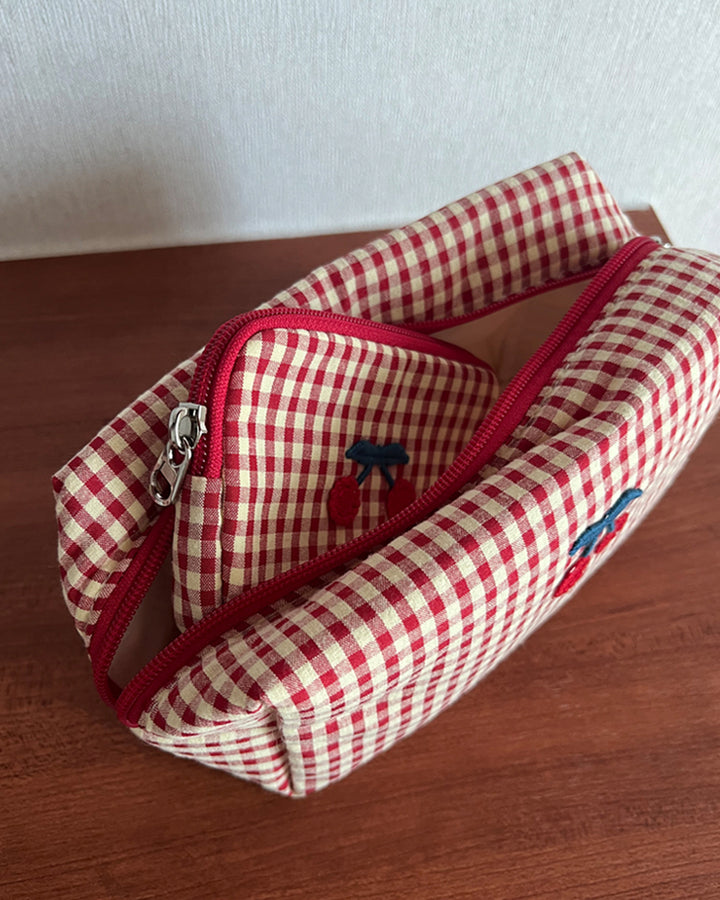 Cherry Embroidery Gingham Pouch