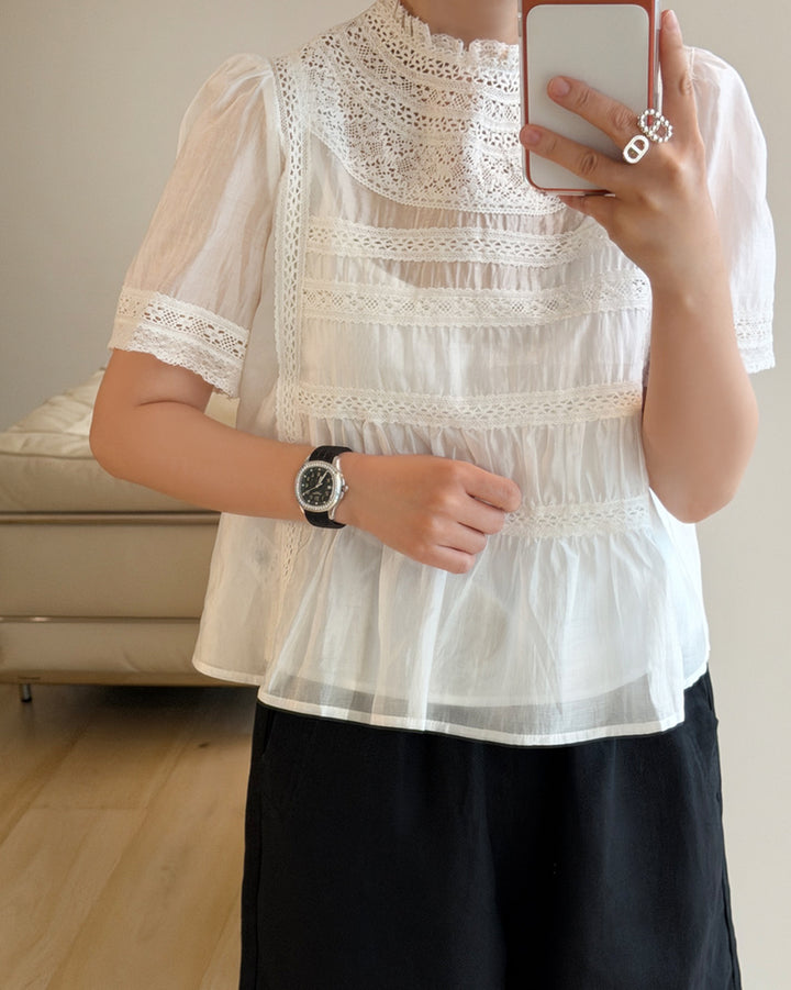 Romantic Mock Neck Lace Insert Blouse