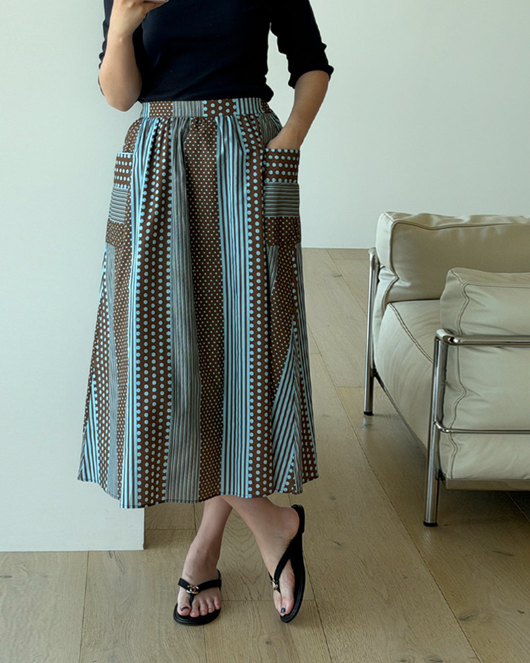 Dot Stripe Patchwork A-Line Midi Skirt