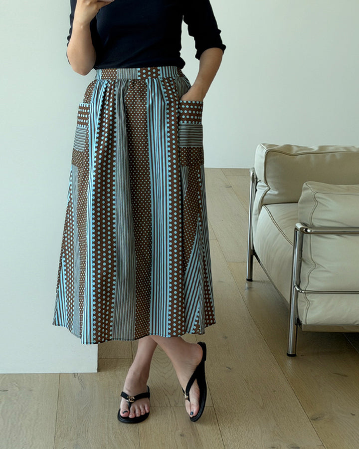 Dot Stripe Patchwork A-Line Midi Skirt