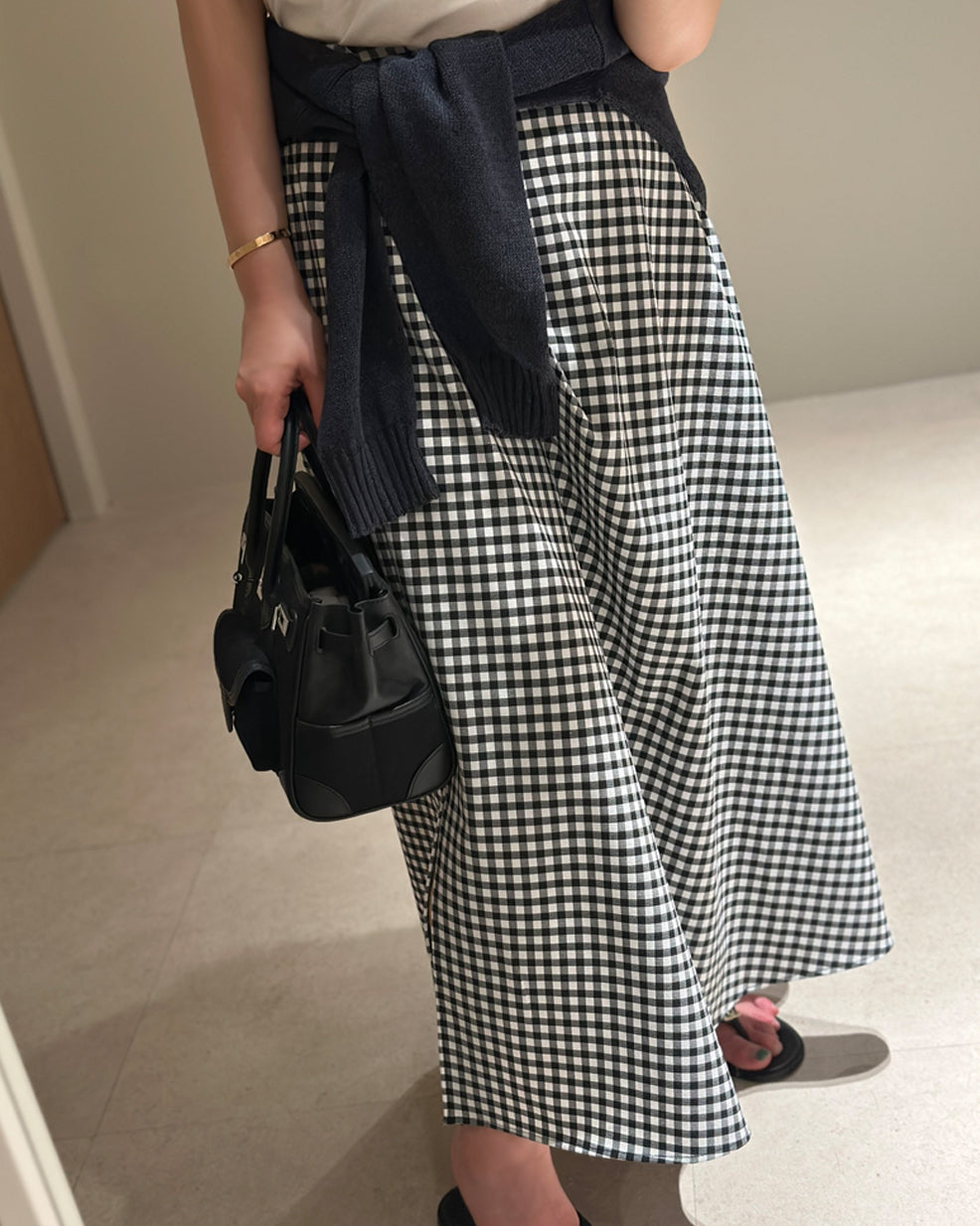 Gingham Check Side-Slit Maxi Skirt