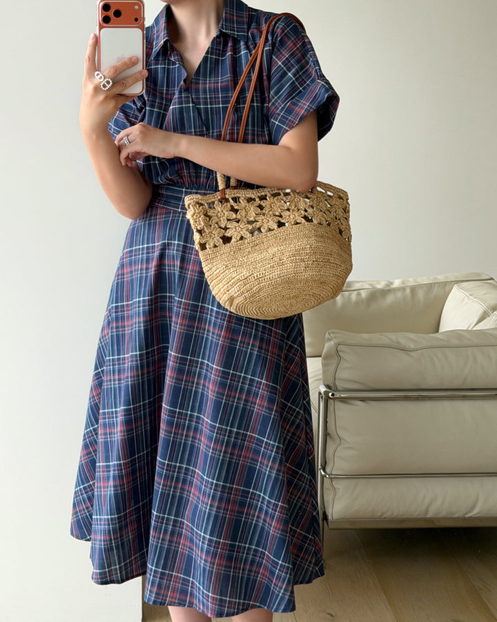 Plaid Short Sleeve Shirt Midi Dress