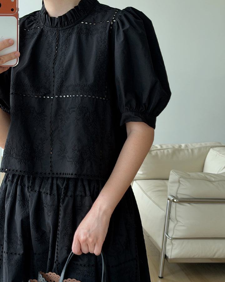 Floral Eyelet Embroidered Puff Sleeve Blouse