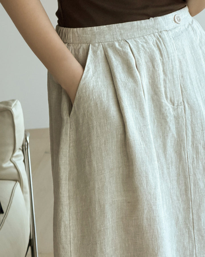 Natural Linen Tuck Midi Skirt