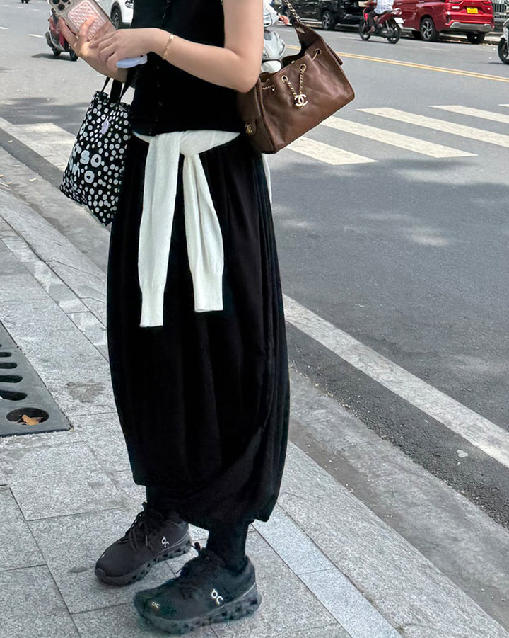 Draped Elastic Waist Balloon Long Skirt