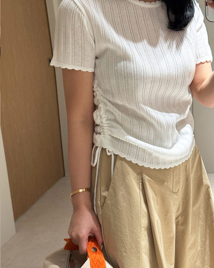 Side Ruched Drawstring Short Sleeve Knit