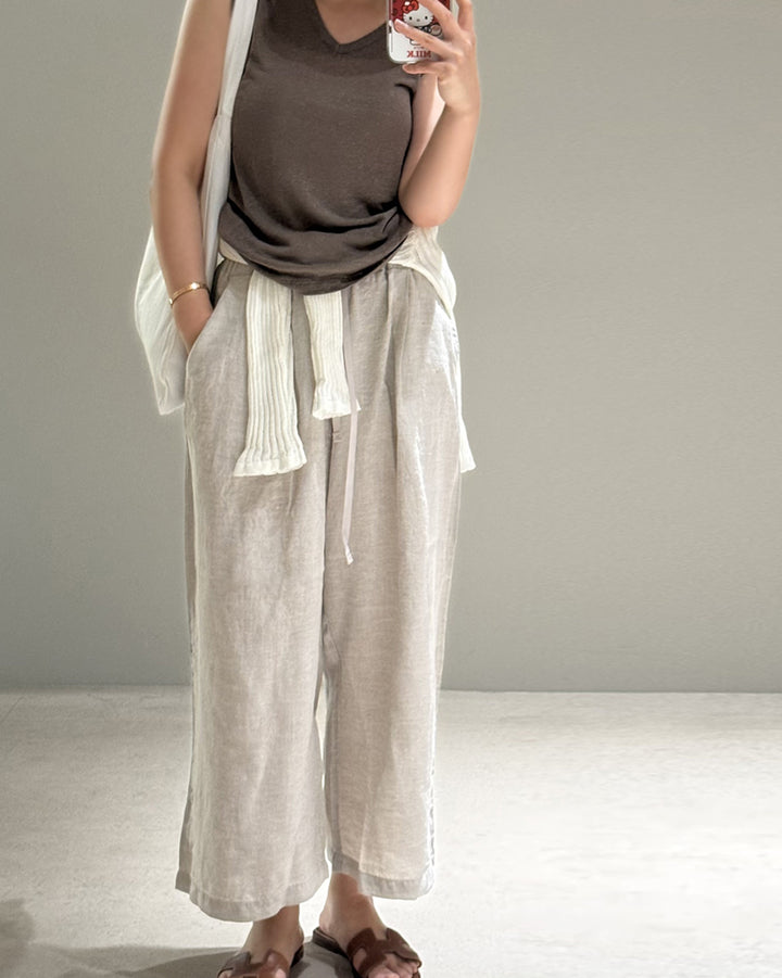 Linen Wide Leg Trousers with Drawstring