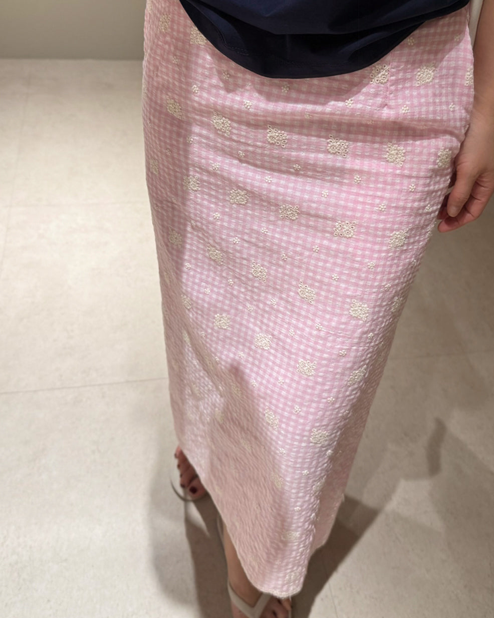 Pink Check Floral Embroidery Straight Skirt