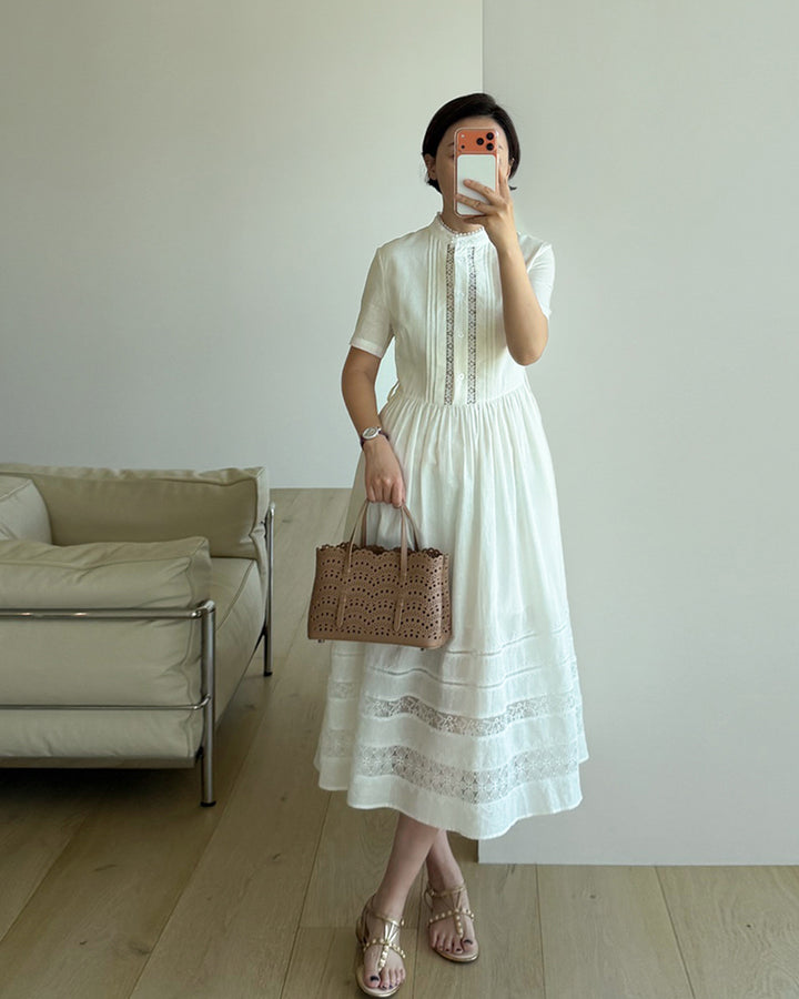 Premium 100% Linen Eyelet Embroidered Dress