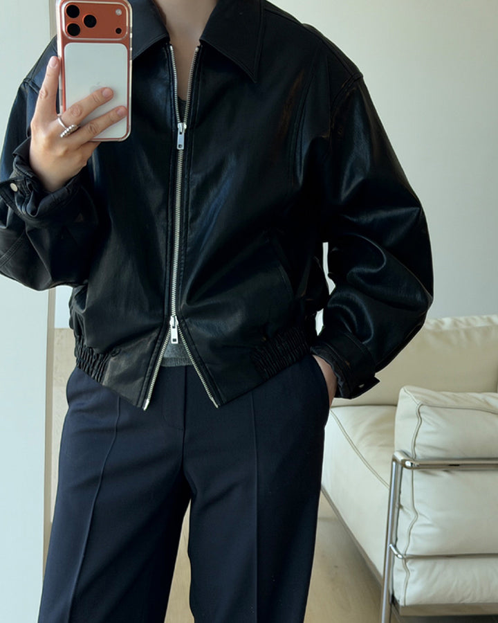 Two-Way Zip Leather Blouson Jacket