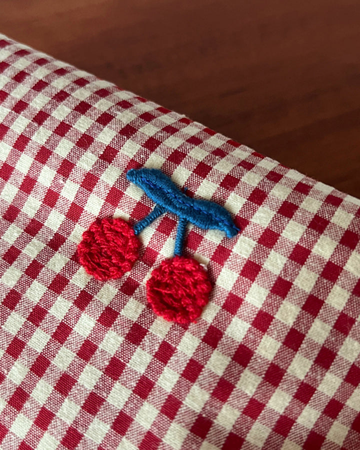 Cherry Embroidery Gingham Pouch