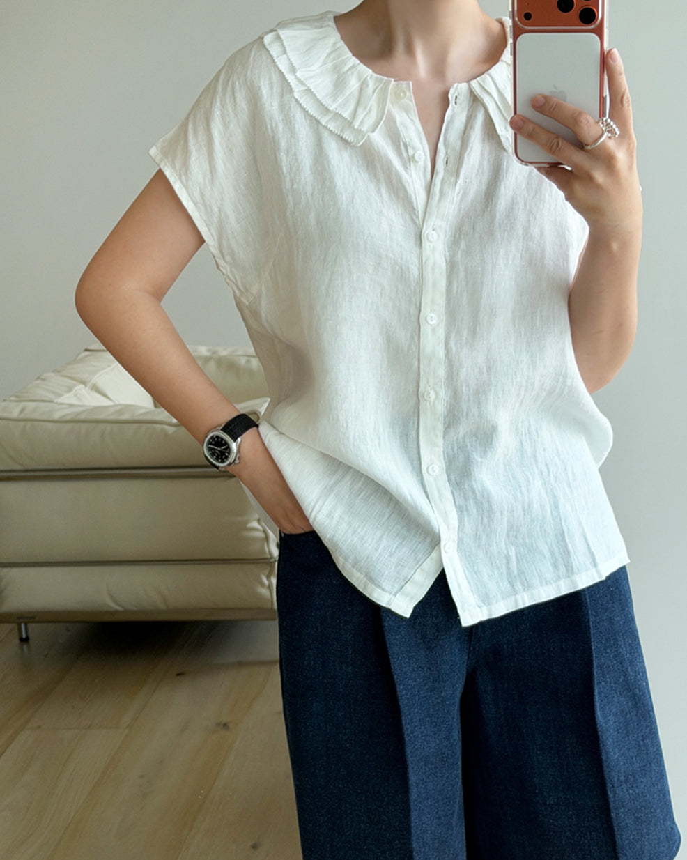 100% Pure Linen Ruffle Collar Blouse
