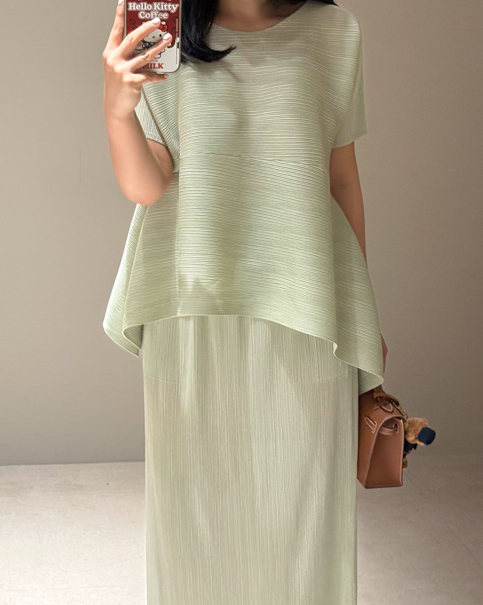 Asymmetric Pleated Top and Maxi Skirt Set