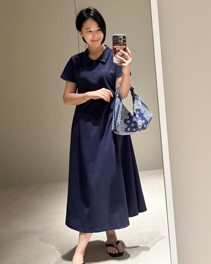 Polo Collar Flared Maxi Dress