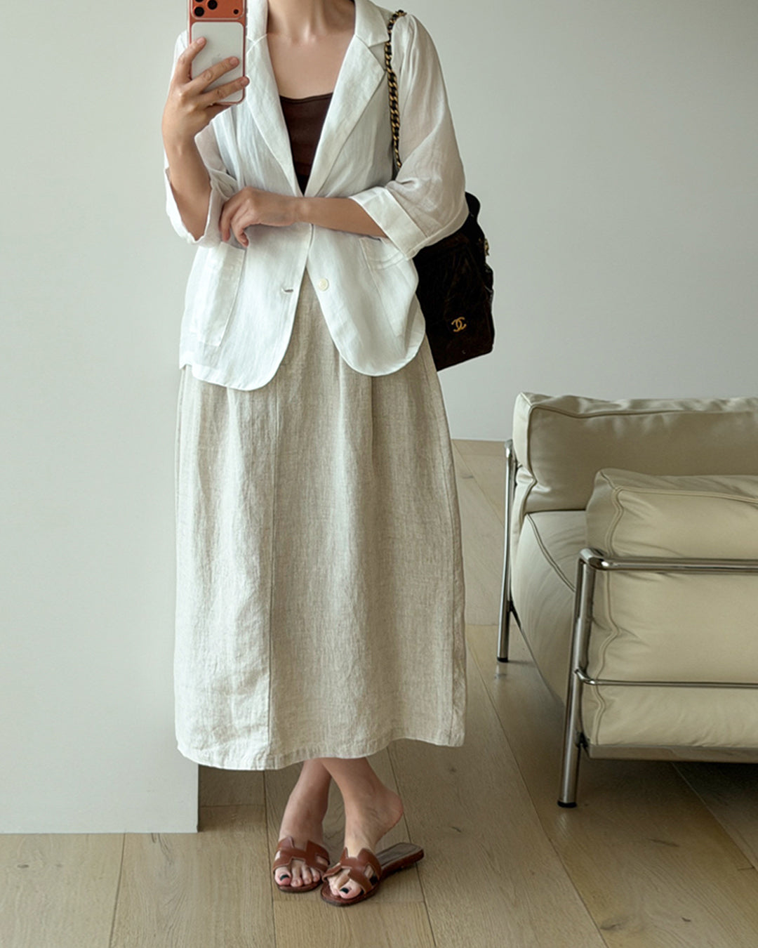 Natural Linen Tuck Midi Skirt