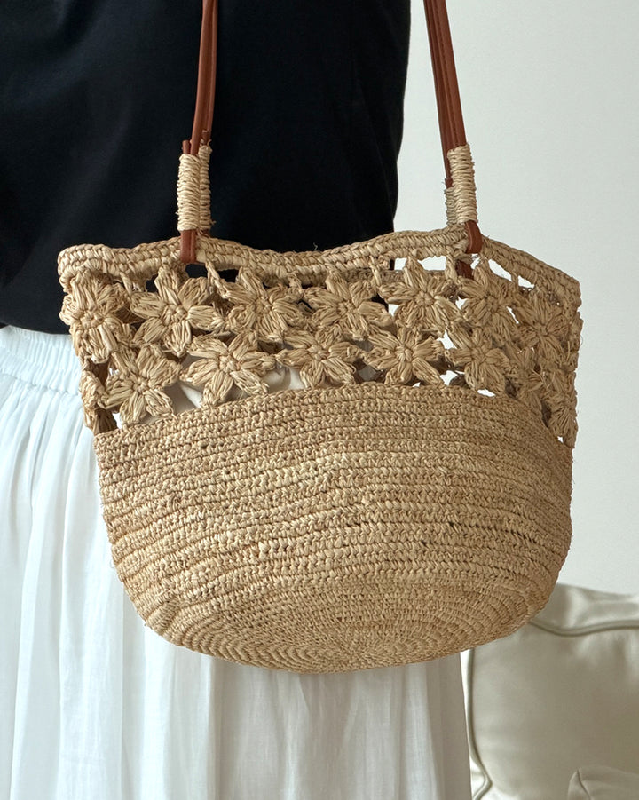 Raffia Crochet Leather Strap Tote