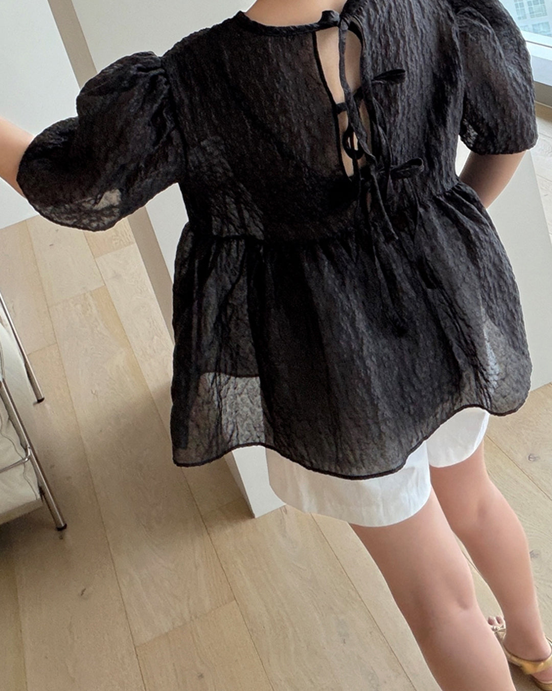 Textured Puff Sleeve Peplum Blouse
