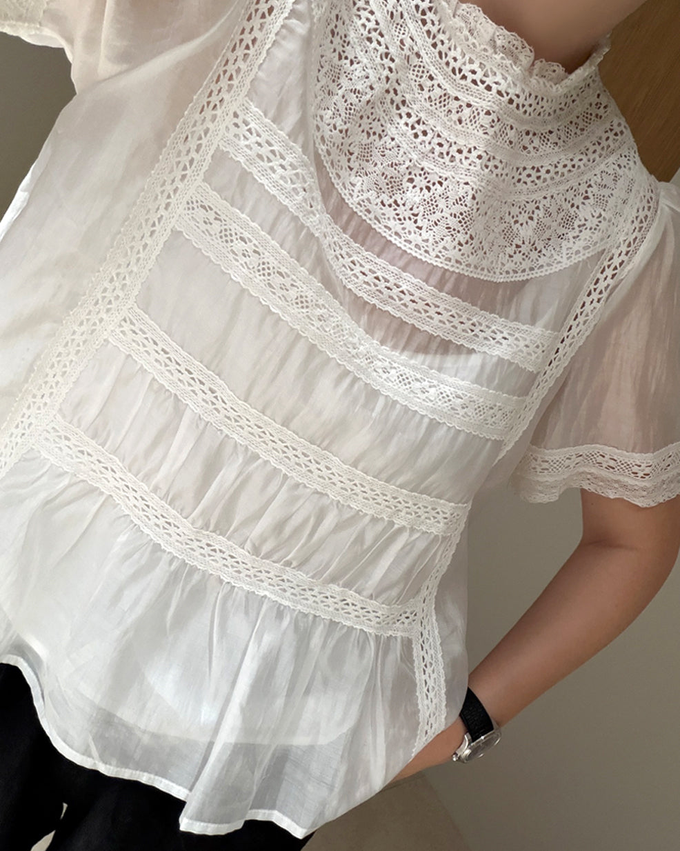 Romantic Mock Neck Lace Insert Blouse