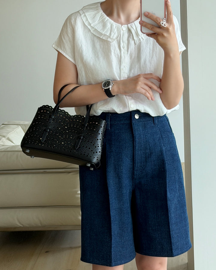 100% Pure Linen Ruffle Collar Blouse