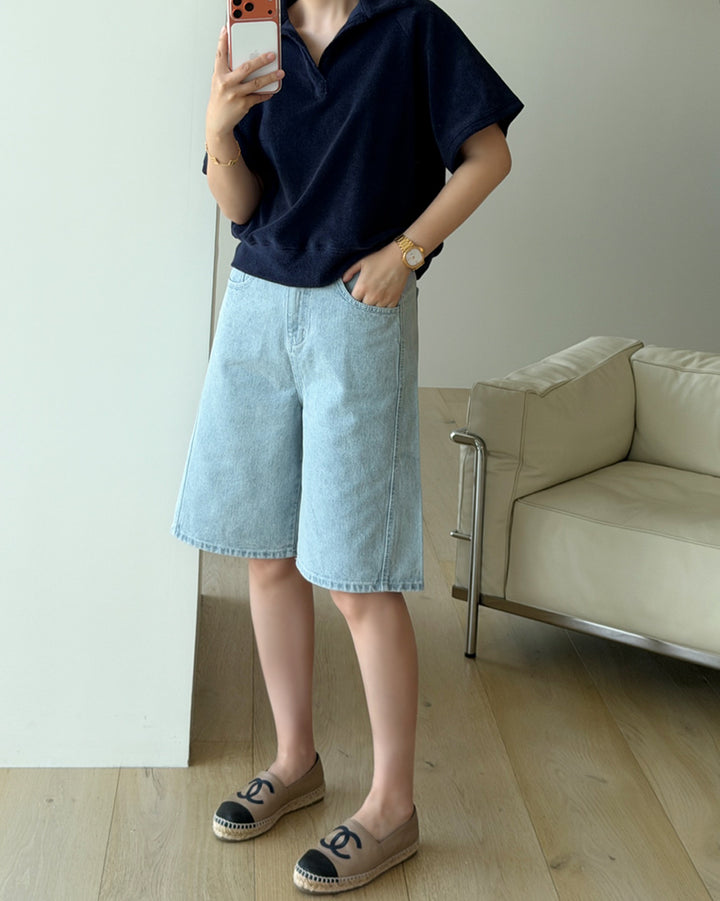 Light Wash Cotton Bermuda Denim Shorts