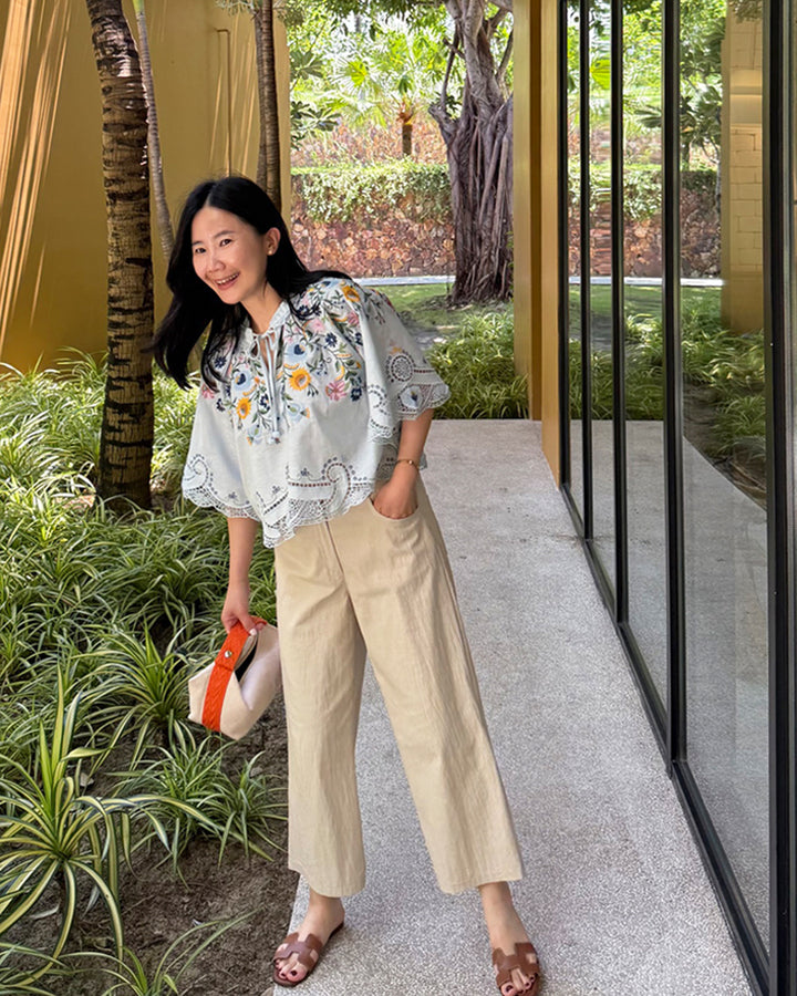Botanical Embroidered Cutout Blouse