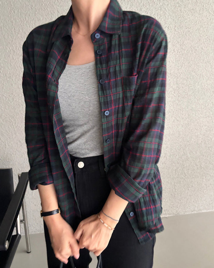Lightweight Crinkled Plaid Shirt
