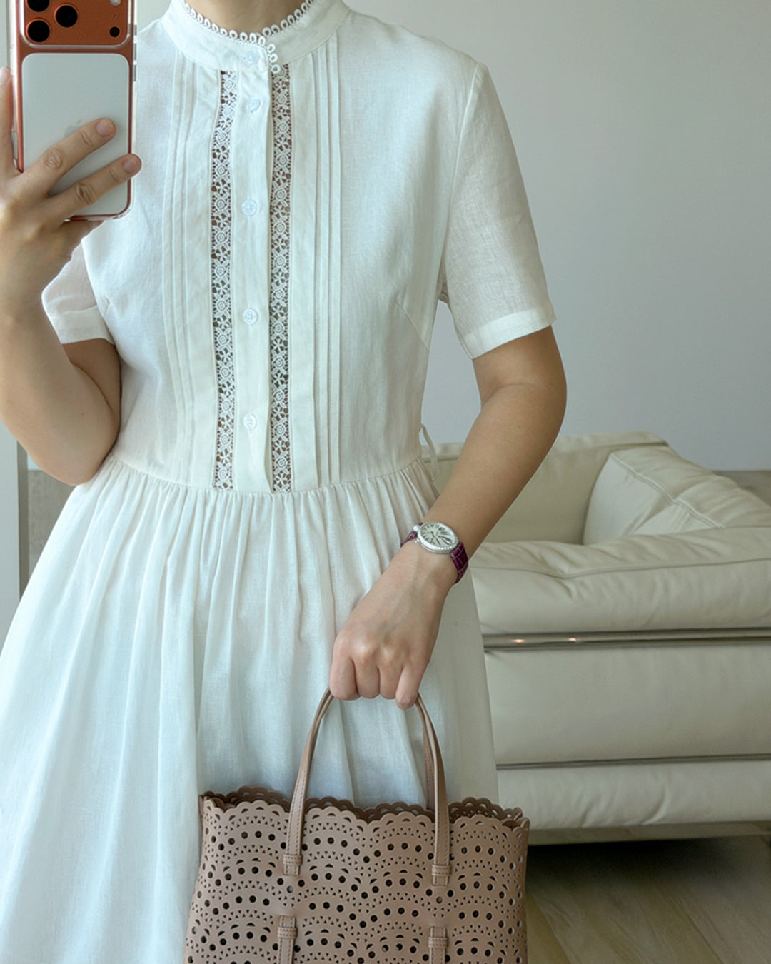 Premium 100% Linen Eyelet Embroidered Dress