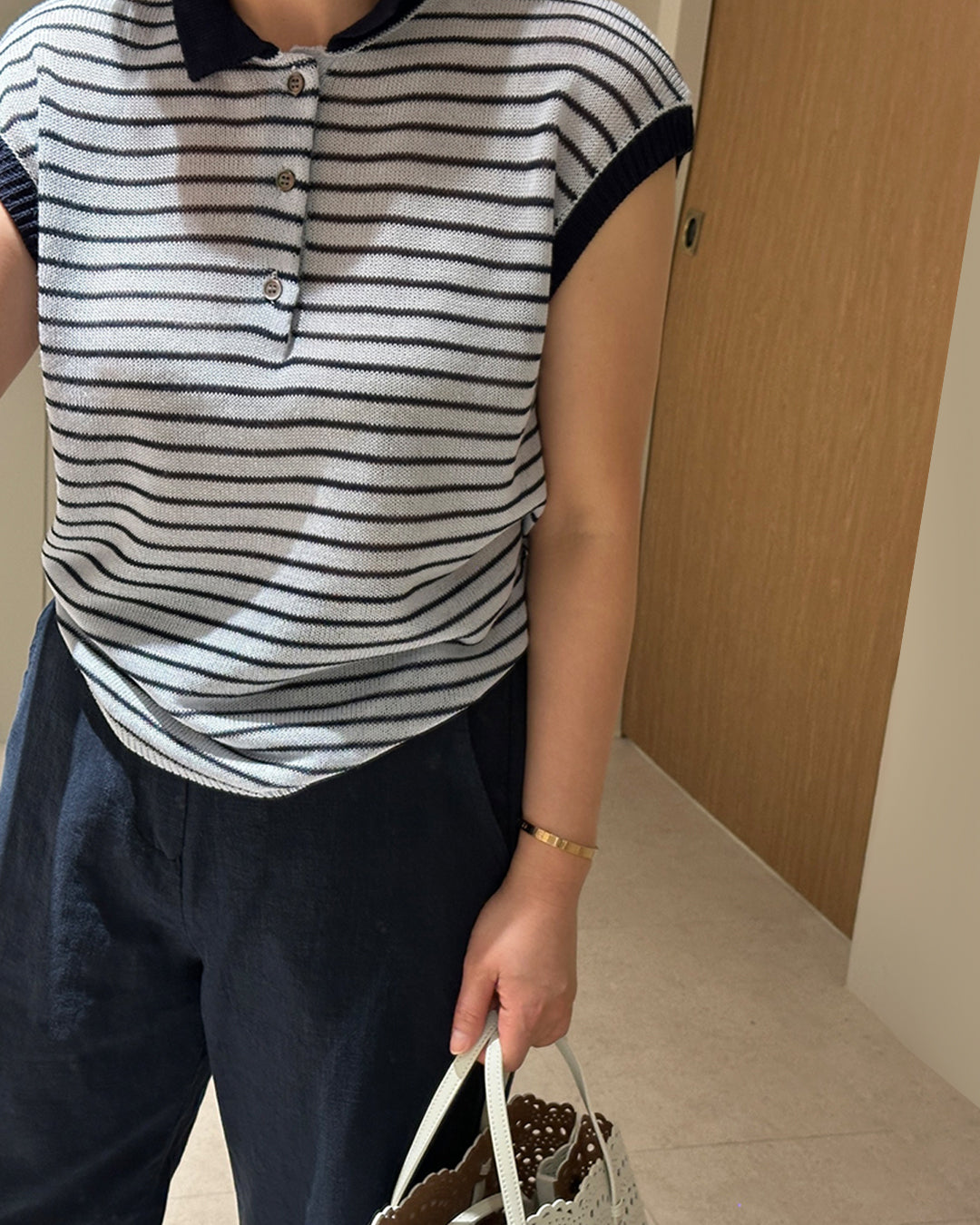 Cap Sleeve Striped Polo Knit Top